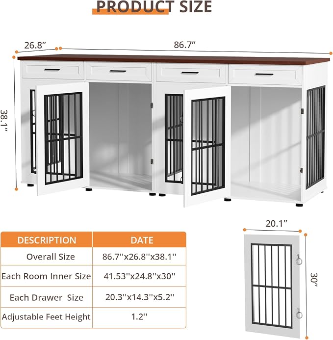 VOWNER 87" Dog Crate Furniture for 2 Dogs, Double Dog Cage Furniture, White | Extra Large Wooden Dog Kennel with 4 Drawer, Removable Divider, Furniture-Style TV Stand, XXL Dog Crate for Large Medium Dogs