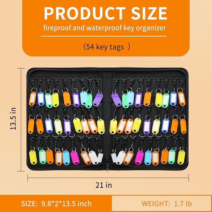 Sdstone Portable Zippered Key Case,Fireproof and Waterproof Key Organizer with 54 Key Hooks and Tags, Portable Key Binder,Key Storage for Real Estate Sales,Hotel Executives, Car Service