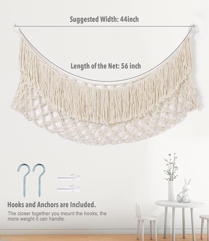 Stuffed Animal Hammock - Extra Large 56'' Long (Cream White) | Premium Cotton Hand-knitted, Beautiful Long Tassel, Storage Hanging Organizer, Can Fit Stuffed Animals 30 Piece or More