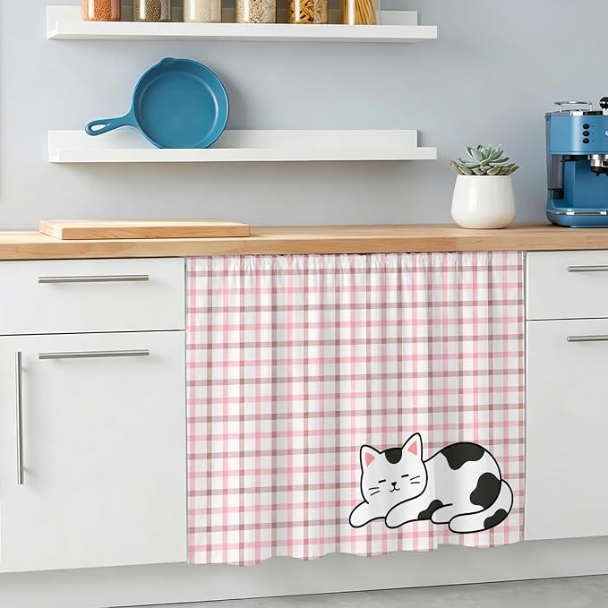 Cute Cat Oven Skirt Curtain for Kitchen Decor 28"x35", Pink Brown Checked Modern Pet Cats Rustic Self Adhesive Stove Curtains Skirt Cabinet Curtains for Bathroom Laundry Room
