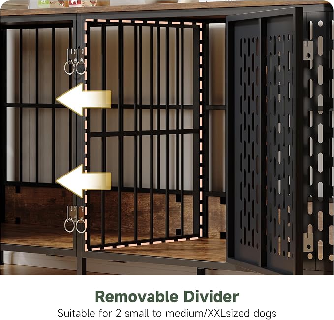 71” Double Dog Crate Furniture, Large Dog Kennel Furniture | 350 lb Weight Capacity, for 2 Dog, TV Stand, Removable Divider, Indoor Use, Heavy Duty Wooden Dog Cage