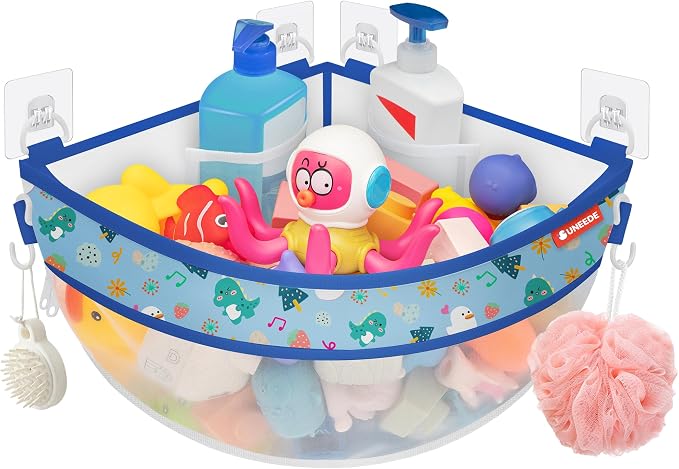 UNEEDE 4.32 Gallons Dinosaur Print Corner Bath Toy Storage | Blue Mesh Shower Caddy with Quick Drain & Bottom Zipper
