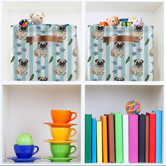 Cute Cartoon Pugs Storage Basket Bin, Foldable Fabric Organizer | Cute pug storage basket with canvas fabric, steel support, foldable design and handles for closet, bedroom and home use.