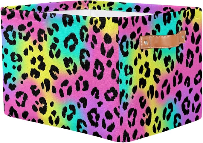 Leopard Basket Storage Bins Rectangle Canvas Basket Cube Storage Box | Nursery Foldable Basket with Handle for Kids Girls Boys Toys Living Room Closet Organizer Shelf Gifts Rainbow Neon
