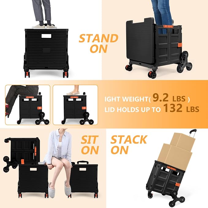 Foldable Utility Cart with Stair Climbing Wheels,Collapsible Rolling Crate with Magnetic Lid Telescopic Cover,Telescoping Handle,360° Rotate Wheel Hand Cart for Teacher Shopping Moving Grocery(Black)