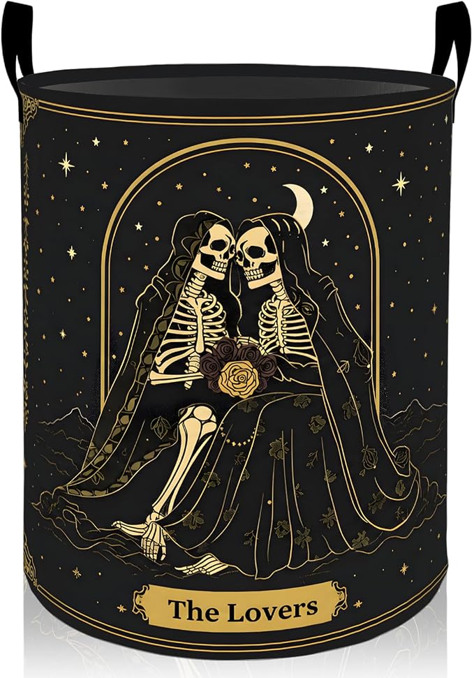 Gothic Skull Laundry Basket, Skeleton Couple Oxford Cloth Dirty Clothes Collapsible Hamper for Room Decor, Goth Halloween Gifts, Toy Organizer 19.7 x 15.7 Inches for Bedroom Bathroom Dorm