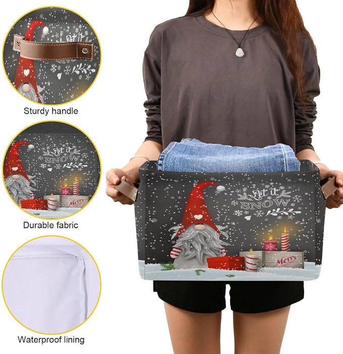 Winter Gnomes Storage Basket Fabric Kitchen Baskets Let it Snow Christmas Decorations Open Home Storage Bins Boxes Foldable Organizer Bag for Toy Book Shelf Closet Baskets 16×12×8 Inches 2 Pack