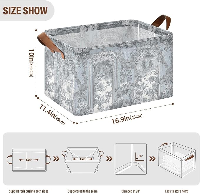 Vintage French Floral Classic Blue Storage Basket Foldable Cube Storage Bins with Handles&Labels Collapsible Organizer Box Bin Large Rectangle Decorative Baskets for Shelves Home Room Laundry