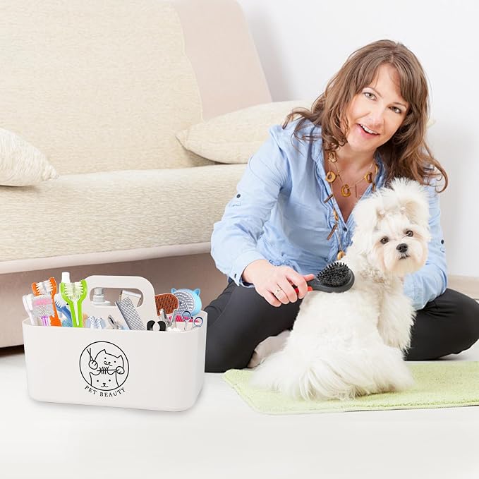 Minimalist White Dog Cat Grooming Supplies Organizer, Portable Caddy with 5 Compartments