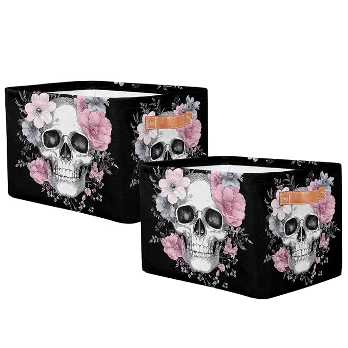 SEULIFE Floral Sugar Skull Flower Halloween Foldable Storage Basket, Large Collapsible Organizer Storage Bin Cube Toys Storage Boxes with Handles for Bathroom Kids Nursery Closet Storage, 2 Pack