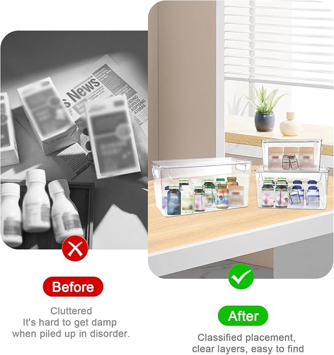 3 Pieces Supplement Bottle Organizer, Clear Plastic Vitamin Organizer with Lid and Handle, Stackable Pill Bottle Organizer, First Aid Box Empty for Vitamin, Medicine, Fish Oil & Supplements