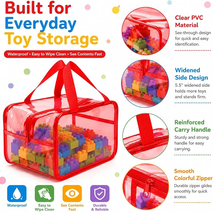 Shinylin 12 Pack Colorful Large Toy Storage Bags with Zipper 9.8 x 5.9 x 7.1 Inch Reusable Waterproof PVC Board Game Storage Bags with Labels for Puzzles Building Blocks Book Stationery