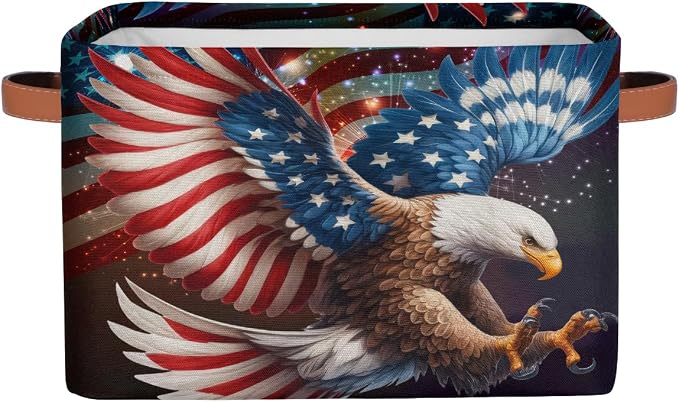Pardick Basket Storage Bins American Flag Eagle Rectangle Cube Basket Box Kids Girls Boys Toys Organizer Beaket Decor Foldable with Handle for Living Room Bedroom Closet Nursery Office Shelf Gifts