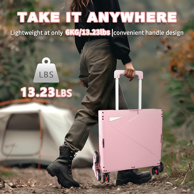 76L Folding Utility Cart Portable Rolling Crate Handcart Shopping Collapsible Tool Box with Stair Climbing Wheels,Hidden Lid,2 Rotate Wheels,for Grocery,Shopping,Office,Storage(Pink-White)