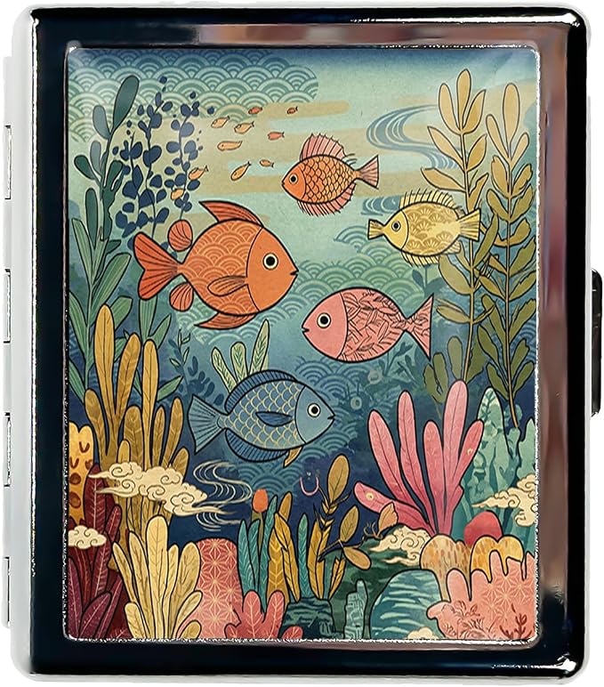 Weekly Pill Organizer, Metal Pill Box with 8 Compartments, Small Travel Pill Case for Purse Pocket, Medicine Vitamin Supplement Organizer (Ocean Fish)