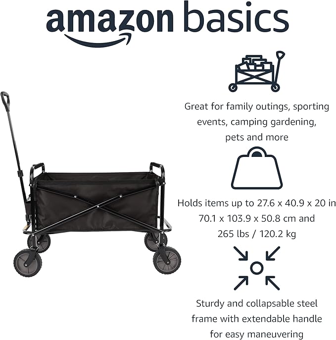 Amazon Basics Collapsible Heavy Duty Utility Wagon for Outdoor Sports, Camping, Garden, and Shopping, 265 Pounds Capacity, 27.6 x 40.9 x 20 inches, Black