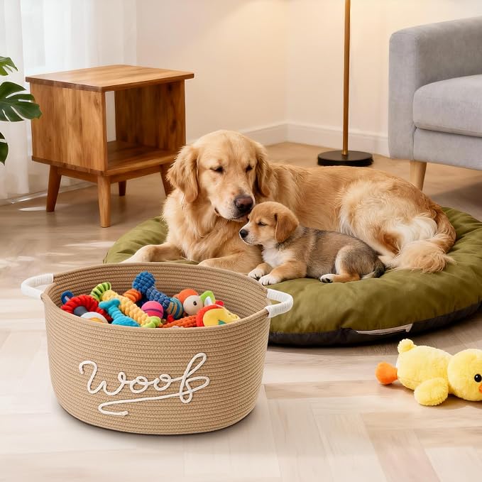 Woof Dog Toy Basket, Large Dog Toy Storage Bin with Durable Handles, Woven Dog Basket for Blankets, Toys, Chews, Pet Toy Storage Box for Nursery, Living Room, Bedroom, 17”x12”x9, Beige