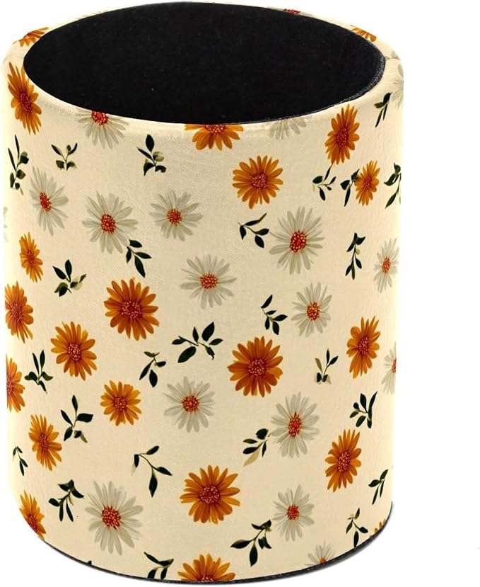 Faux Leather Pen Holder for Desk, Pencil Organizer Daisy Pen Cup Desk Decor Makeup Brush Holder Storage for Office Home