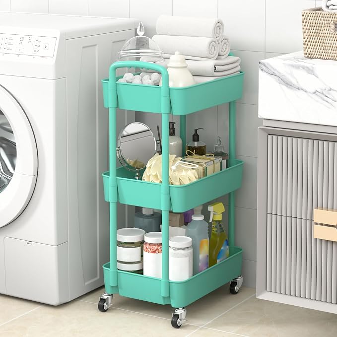 Sywhitta 3-Tier Plastic Rolling Utility Cart with Wheels for Storage, Green | Multi-Functional Storage Trolley, for Office, Living Room, Kitchen, Bathroom,Movable Organizer,Space-Saving,Easy to assemble