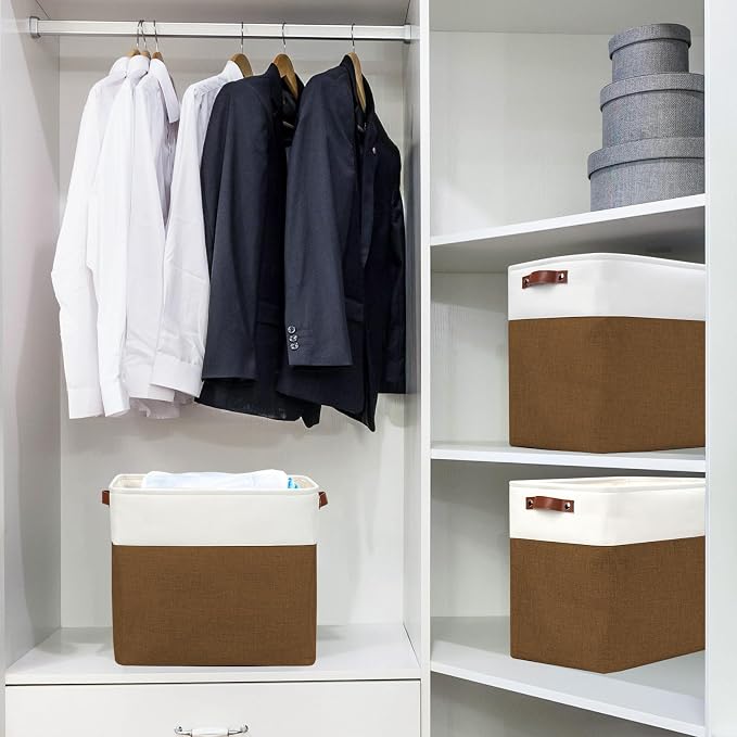Bagnizer Large Fabric Storage Baskets | 50L Storage Bins, Decorative Linen Closet Baskets with Handles for Organizing, Shelf, Toys, Clothes, Home, Office, Nursery, 17x12x15Inches (Brown&White)