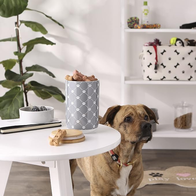 Bone Dry Trellis Paw Print Pet Treat Canister with Bamboo Lid Dog & Cat Treat Jar for Countertop Storage, Keep Training Bones & Biscuits Handy, 4x6.5 inches, Gray