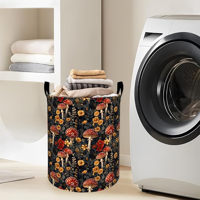 Whimsical Mushroom Laundry Basket with Handles, 19.7"x15.7" Clothes Foldable Red and Yellow Floral Laundry Hamper Organizer for Dorm Nursery Bedroom Bathroom Decor, Toy Storage Bin for Kids