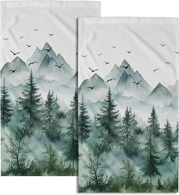 Giwawa Misty Forest Hand Towel Set of 2 Foggy Mountain Woodland Face Towels Watercolor Spring Summer Nature Trees Ultra Soft Washcloth for Bathroom Guest Gym Spa Hotel Season Decor