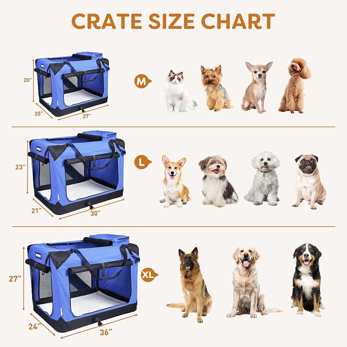 Jespet 3 Door Soft Dog Crates Kennel for Pets, Folding Travel Pet Carrier | 3 Mesh Doors 30'' Dog House, Large Pocket, Easy to Install, Steel Frame, Removable Crate Pad, For Indoor & Outdoor
