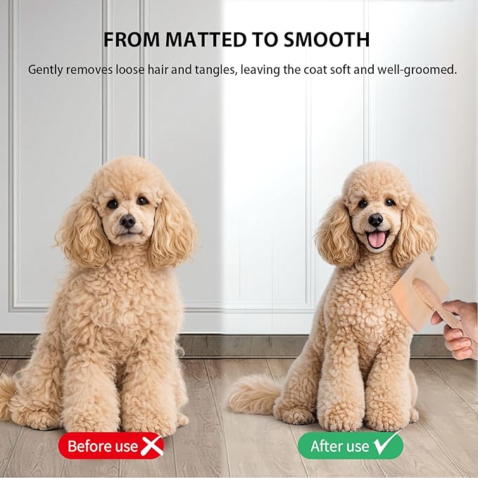 Dog Slicker Brush for Goldendoodles, Poodles & Long Haired Dogs - Long Pin Doodle Brush & Pet Comb Kit Removes Tangles Loose & Knots, Professional Grooming Tools with Wooden Handle, Natural