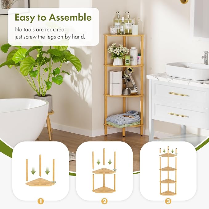 Corner Shelf Stand, 4 Tier Bamboo Corner Organizer, Narrow Tall Bookcase, Corner Shower Caddy, Plant Display Shelf, Open Storage Shelves for Living Room, Kitchen, Office, Balcony, Bathroom