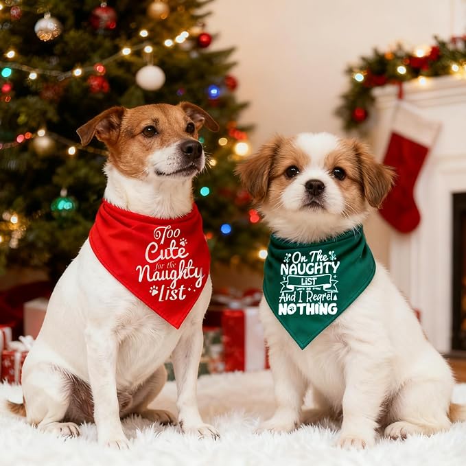 Christmas Dog Bandanas Naughty & Nice Idea Funny Holiday Stocking Pet Scarf Gifts - On the Naughty List and I Regret Nothing, Solid Green, Medium & Large Breed, 25-75lbs