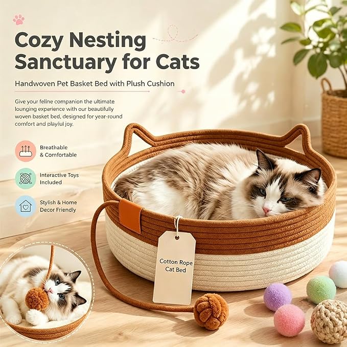 Instinct Basket for Cats,Cat Basket Bed with Cushion & Hanging Ball Toy,Handwoven Cotton Rope Cat Basket (Orange,S(up to 9Lb))