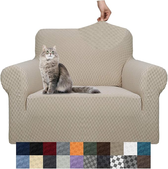 YEMYHOM Couch Cover Latest Jacquard Design High Stretch Sofa Chair Covers for Living Room, Pet Dog Cat Proof Armchair Slipcover Non Slip Magic Elastic Furniture Protector, Small (Chair, Khaki)