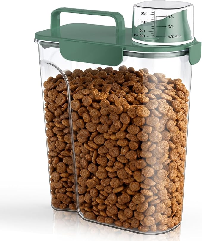 Uppetly Dog Cat Food Storage Container, 5-7Lbs Pet Food Containers, Airtight Cat Food Container with Portable Handle & Measuring Cup, Small Animal Dry Food Dispenser for Dogs, Cats and Birds Green
