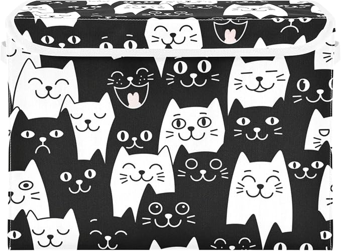 Cat Smile Fabric Storage Bins with Lid Foldable Storage Boxes 40L Baskets | Decorative Storage Boxes, Foldable & Stackable, Dust-Proof Flip Top, Reinforced Handles, For Home & Dorm, Clothes & Toy Box