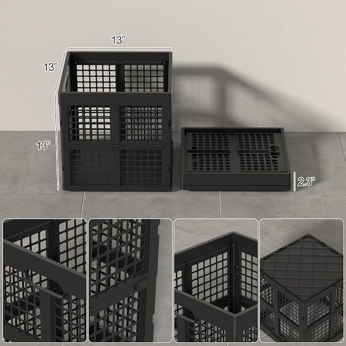 13 Inch Collapsible Milk Crate, Folding Storage Crates, 3 Packs | Stackable Black Foldable Crates Cube, 36 L
