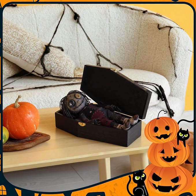 SiliFine 1 Pcs 12 Inch Halloween Coffin Box Black Painted Wood Casket Decor | Suitable Size for Halloween Decor, Fillable Hinged Jewelry Box, Party Favor, Goth Decoration, Pet Casket, Mini Black Coffin