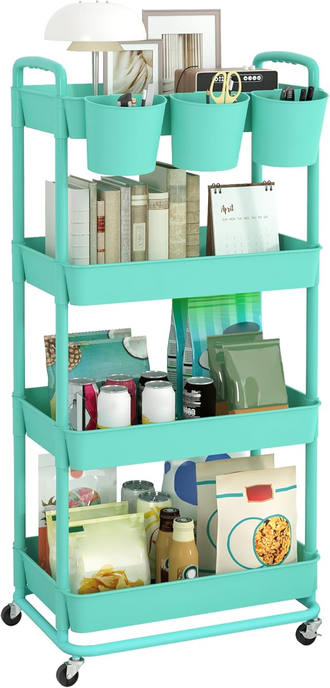 4-Tier Plastic Rolling Storage Cart Utility Cart with Extra Hanging Cups Handles Lockable Wheels for Living Room Bathroom Kitchen Office Green | Utility Cart with Extra Hanging Cups Arc-Shaped Handles Lockable Wheels for Living Room Bathroom Kitchen Of...