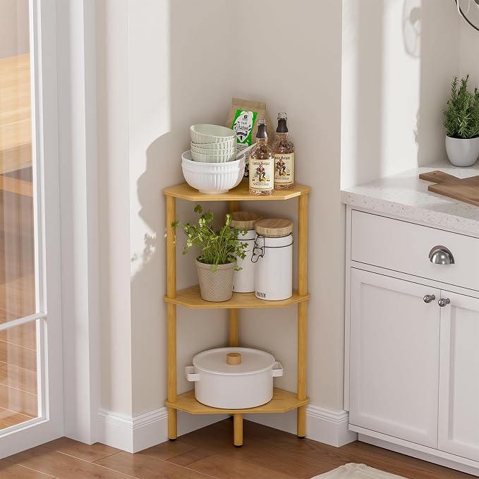 3 Tier Bamboo Corner Shelf, Storage Stand with Adjustable Feet, Small Spaces Corner Bookshelf, Plant Stand, Space-Saving Organizer Shelves, Small Corner Table for Bathroom Kitchen Living Room