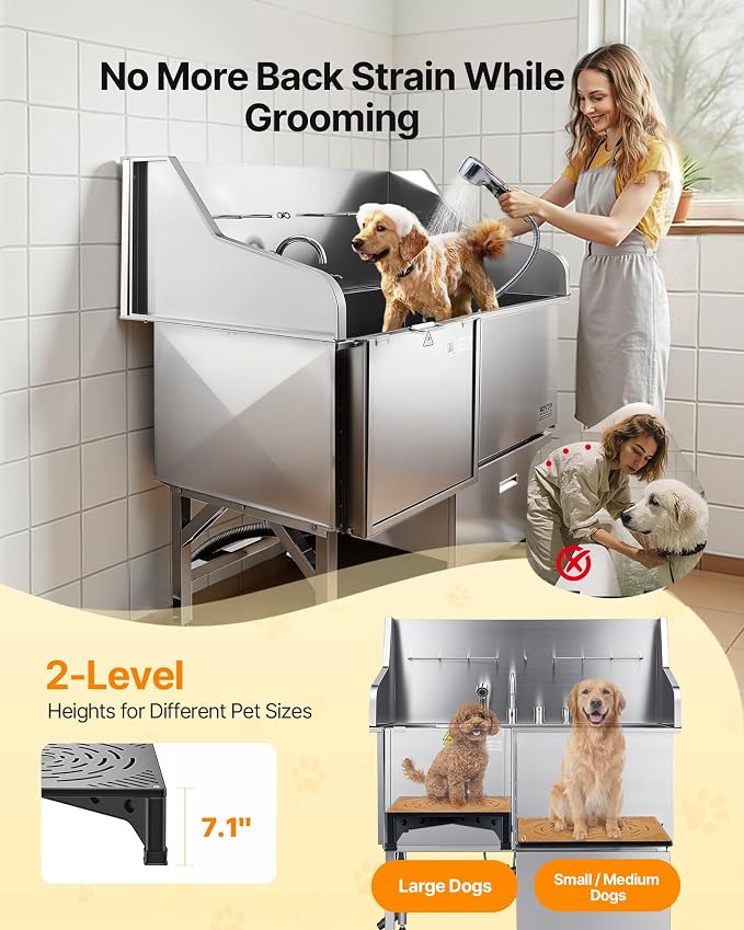 VEVOR Dog Bath Tub, Professional 50 Inch 304 Stainless Steel Dog Washing Station Anti-Slip Ramp & Storage Drawer, Hot Cold Water Faucet and Showerhead for Large Medium Small Dogs (Left Door) | Dog Bathtub with Anti-Slip-Ramp for Large, Medium & Small P...