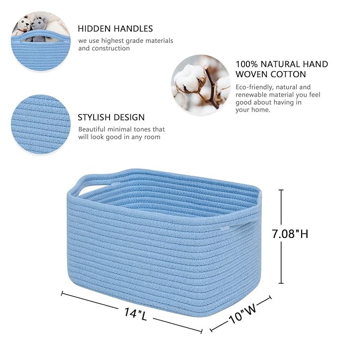 CubesLand Cube Storage Organizer Basket Bin, Cotton Rope Shelves Basket | Durable Woven Rectangular Shelf Basket for Organizing, Nursery Toys Basket, Blue Basket
