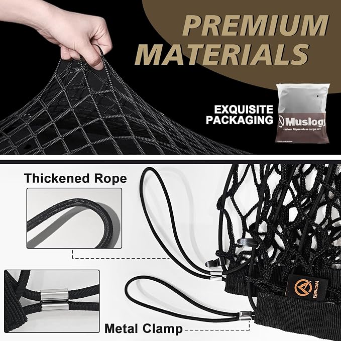 Muslogy Cargo Net for 2015-2021 Jeep Grand Cherokee Accessories (WK2 ONLY) | Custom Fit, Trunk Storage Organizer Net for SUV Sedan Van Divider, with Heavy Duty Carabiners, Night Visible Grab Handle