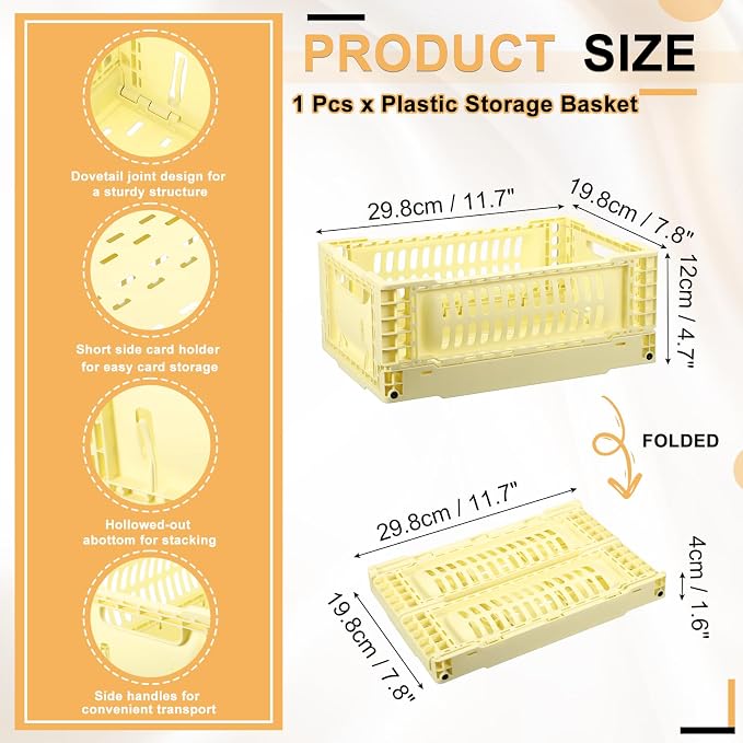 uxcell Collapsible Crates, 11.7x7.8x4.7 Stackable Plastic Storage Baskets with Handle Small Storage Containers for Bedroom Office Classroom Bathroom Desktop Organizer Decor, Light Yellow