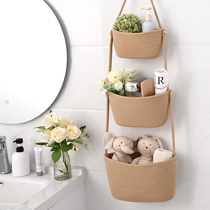 Hanging Basket, 3-Tier Woven Wall Basket with 4 Hooks, Cotton Rope Storage Baskets, Over the Door Organizer for Nursery, Bedroom, Cottage and Boho Wall Decor