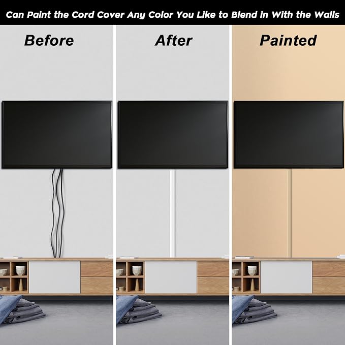 110in Cord Covers for Wires on Wall Kit, Simple Setup Wire Hider | Large Cord Hider Wall Kit, Wire Covers for 3-4 Cords on Wall, White TV Cable Hider Cable Raceway, W1.2 X H0.6in