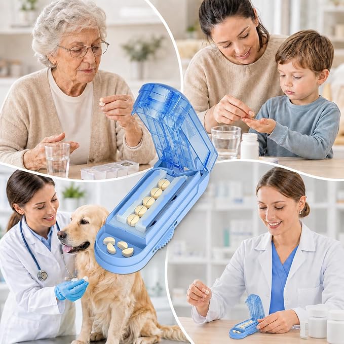 ONE PIX Pill Cutter Splitter for Small and Tiny Pills, Multiple Pill Splitter with Centering Device & Hidden Blade, Adjustable Tablet Cutter for Large Pills, Seniors, Pets, Blue