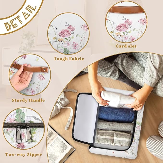 Boho Floral Flowers Storage Basket | Rectangular, Collapsible with Zipper Lid, Watercolor Butterfly Design, With Handles, 24L Capacity