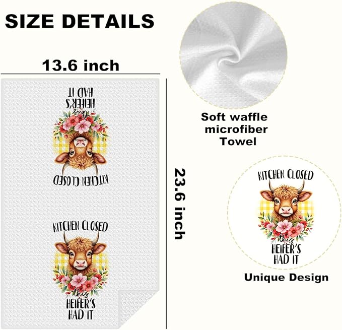 4 Pcs Funny Cow Kitchen Towels, Highland cattle Flower Decorative Absorbent Microfiber Dish Cloth Tea Towel, Plaid Waffle Soft Hand Towels for Farmhouse Home Bathroom Kitchen Decor, Cow Gifts