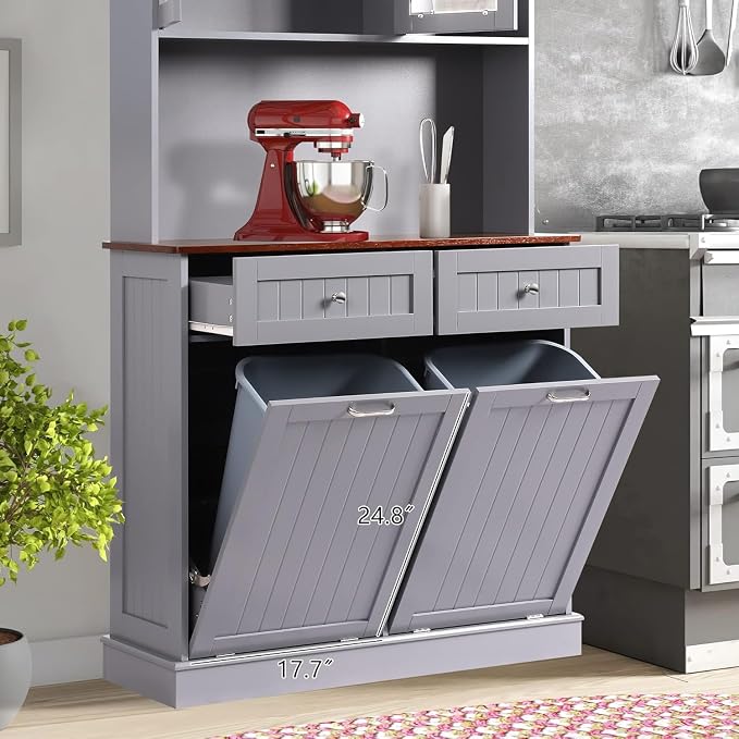 68.4" Kitchen Pantry Storage Cabinet, Freestanding Cupboard with Shelf, 2 Drawers and 2 Tilt Out Trash Cabinet, Tall Cabinets for Kitchen, Dinning Room, Living Room (Elegant Grey, Double Tilt)