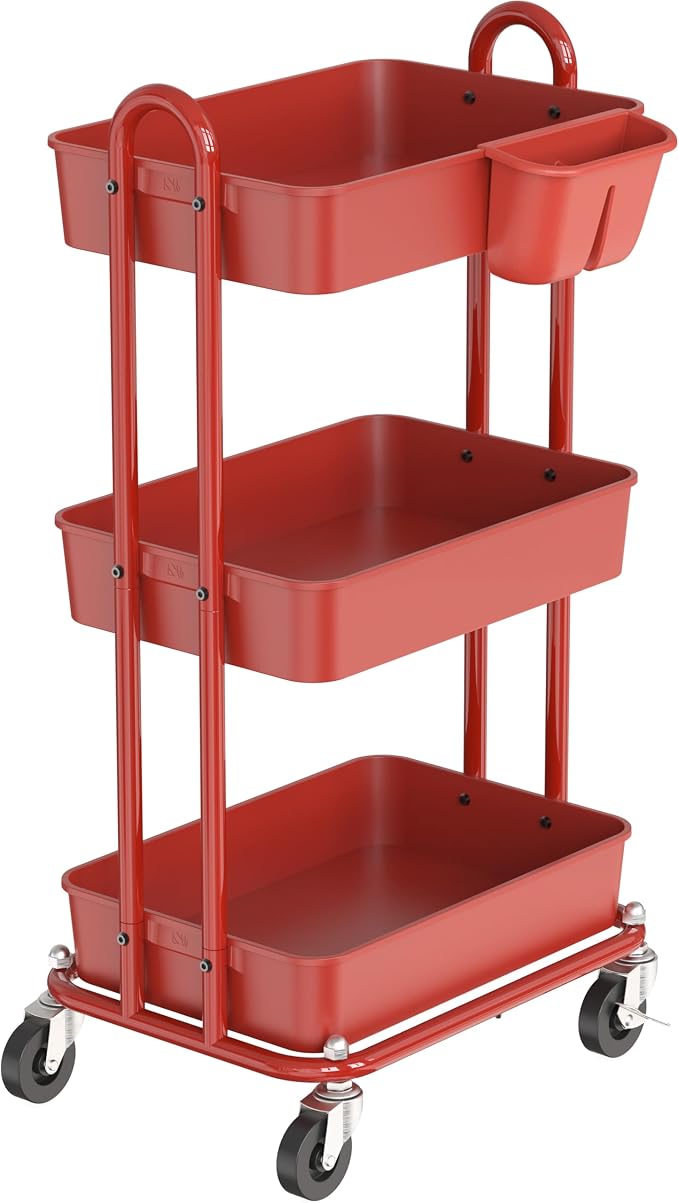 Simple Houseware 3-Tier Rolling Utility Cart with Hanging Bucket, Red | Storage for Bathroom, Kitchen, Office, Study Room, Nursery Diaper